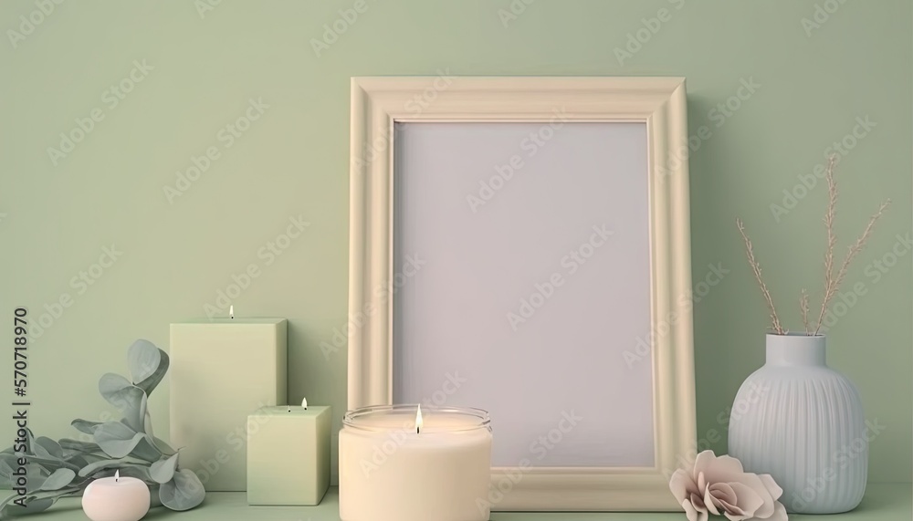  a picture frame sitting on a shelf next to a candle and a vase with a flower in it and a candle hol