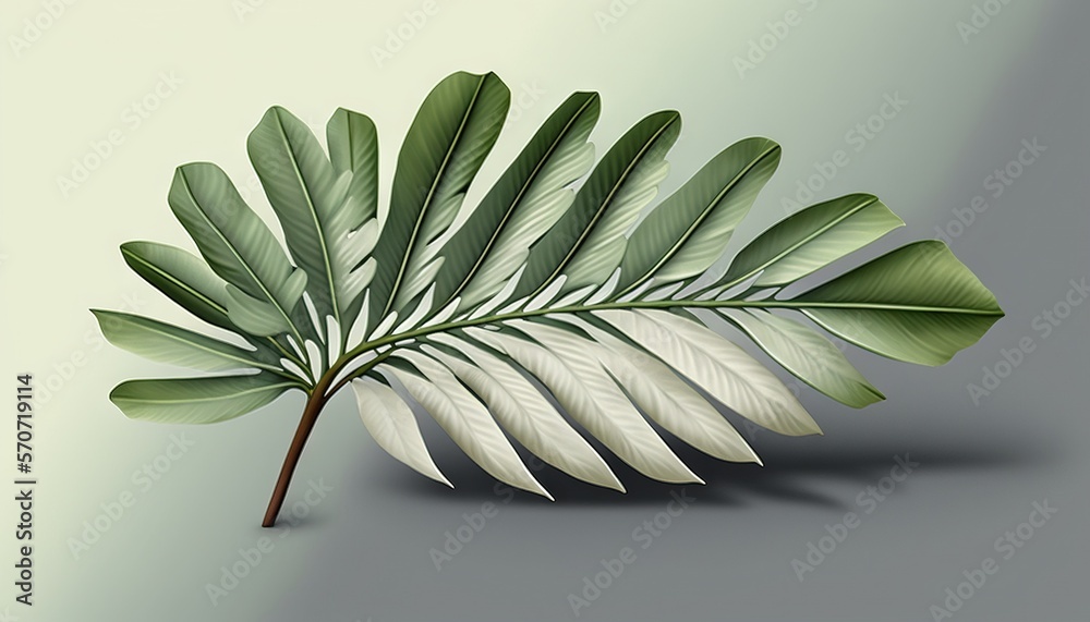  a green and white leaf on a gray background with a shadow on the floor and a light green wall behin