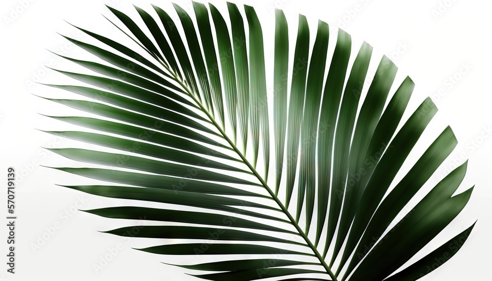  a close up of a palm leaf on a white background with a shadow of a palm tree leaf on the left side 