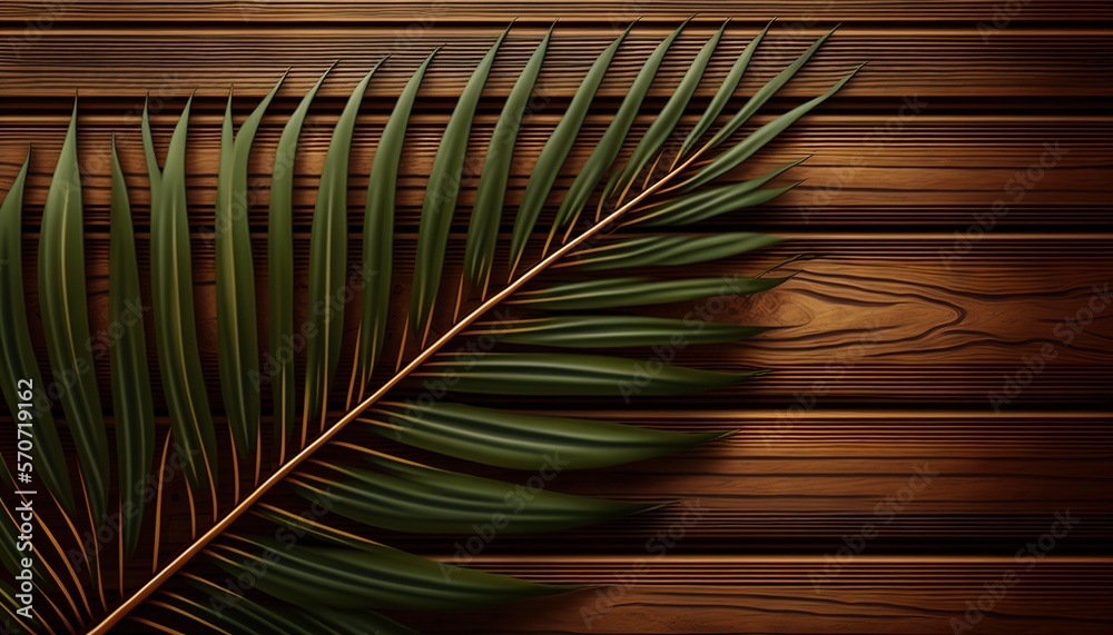  a green palm leaf on a wooden background with a place for a text or a picture of a palm leaf on a w