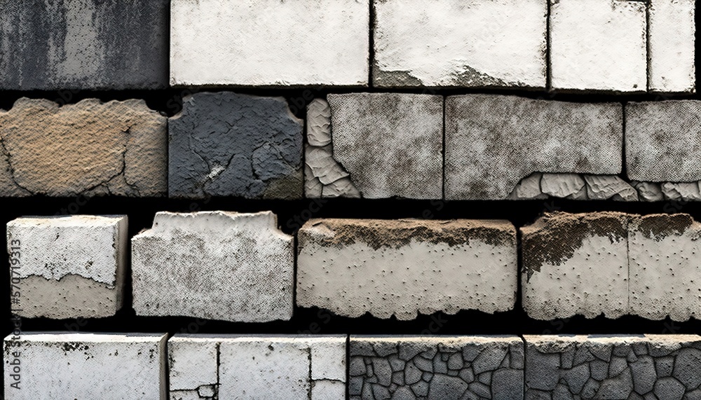  a bunch of different types of cement blocks stacked together on top of each other in different colo