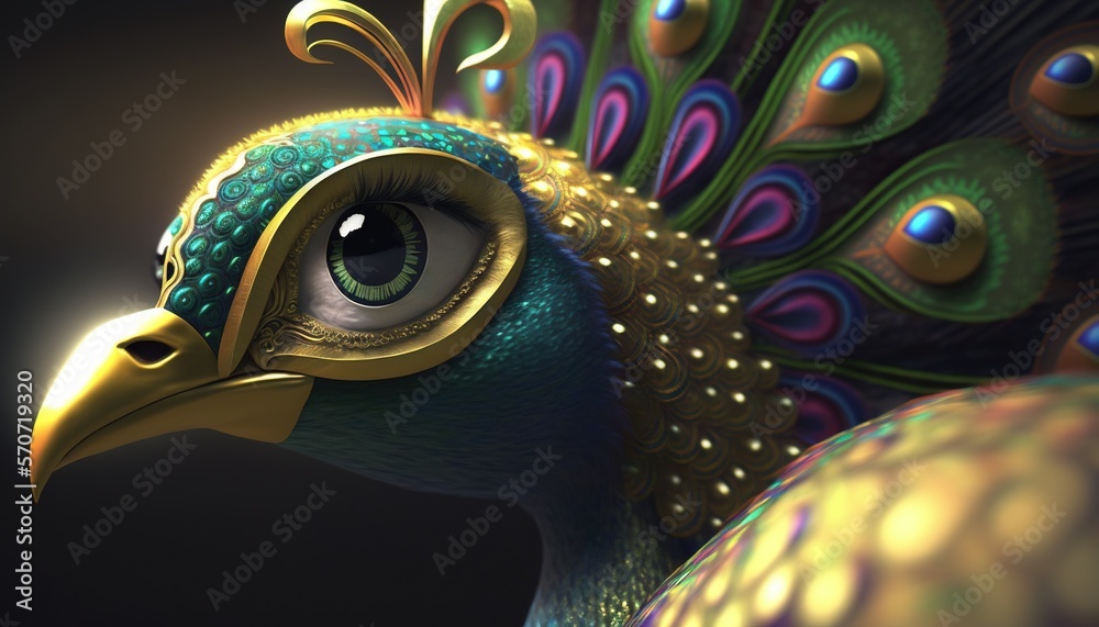  a close up of a peacocks eye with a gold frame around its head and feathers on its back side.  g