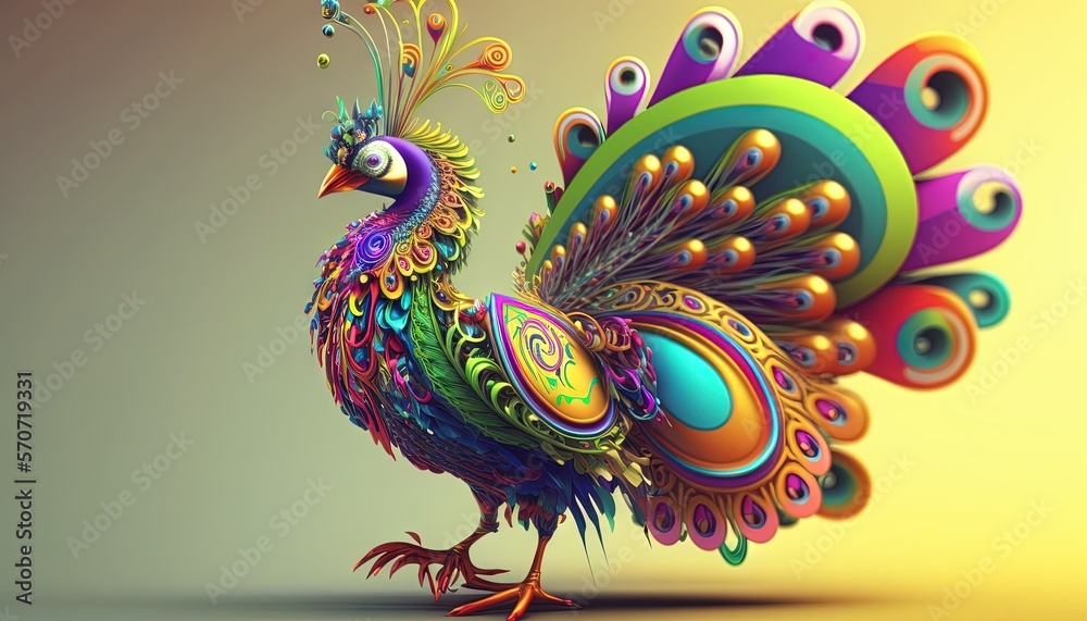  a colorful peacock with a clock on its back legs and feathers on its back legs, with a yellow back