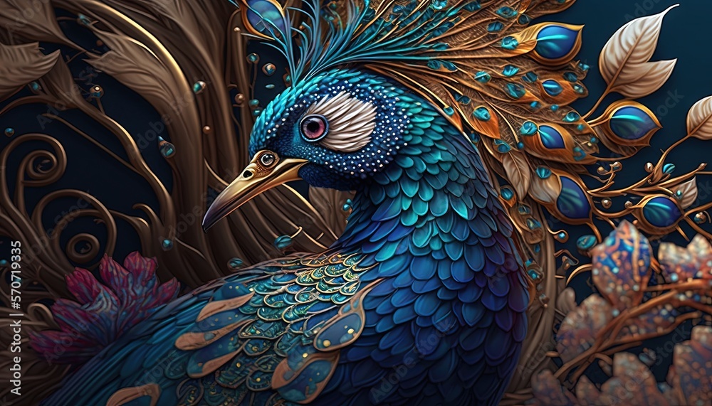  a painting of a peacock with feathers on its head and a tree in the background with leaves on its