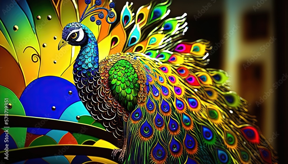  a colorful peacock is standing in front of a building with its feathers spread out and its tail is