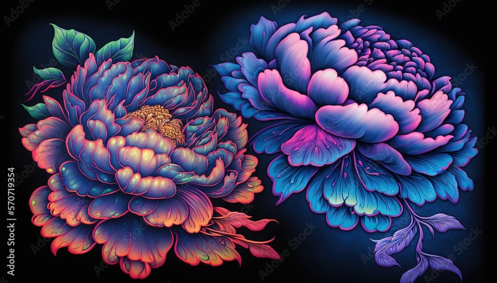  two large flowers with leaves on a black background with a blue background and a pink and blue flow