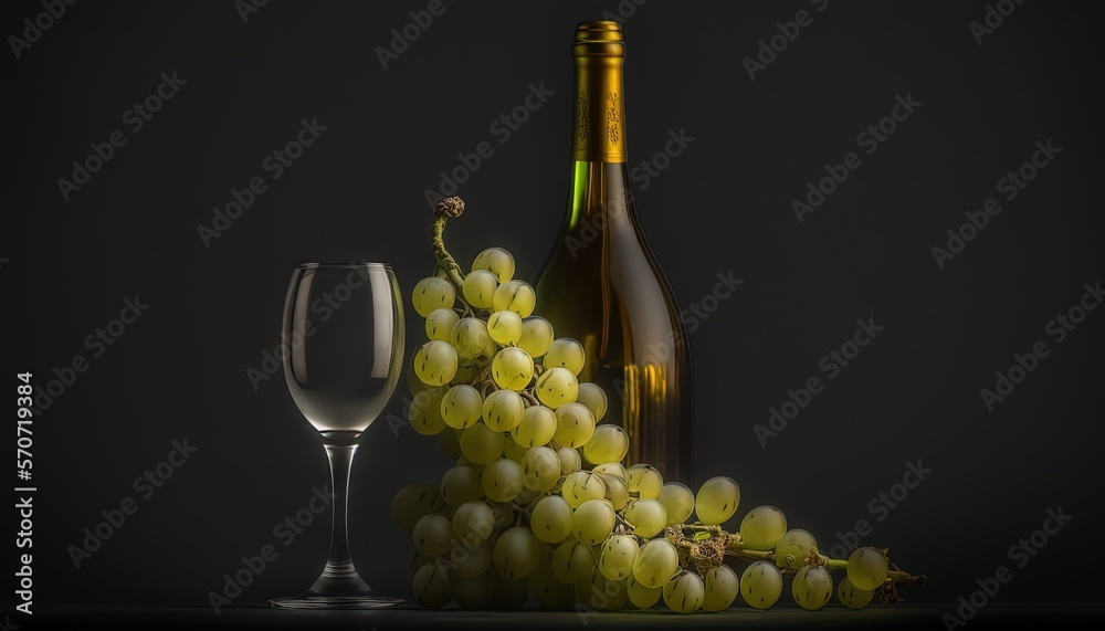  a glass of wine and a bottle of wine on a table with grapes and a bottle of wine on the side of the