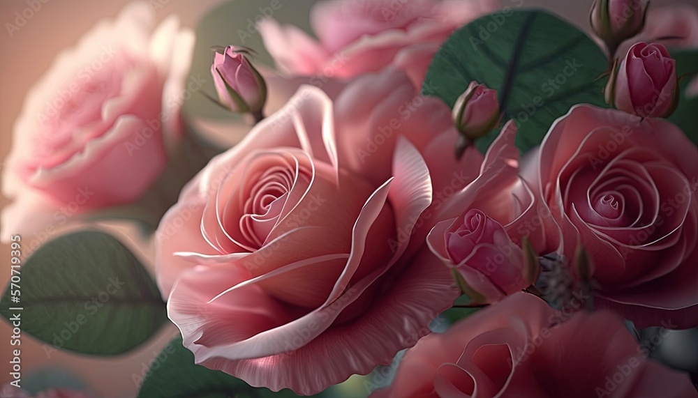  a bouquet of pink roses with green leaves on a table top with a pink background and a pink backgrou