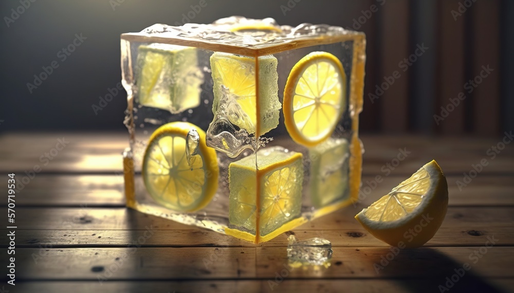  a cube of ice with lemon slices on a wooden table with a light shining on the side of the cube and 