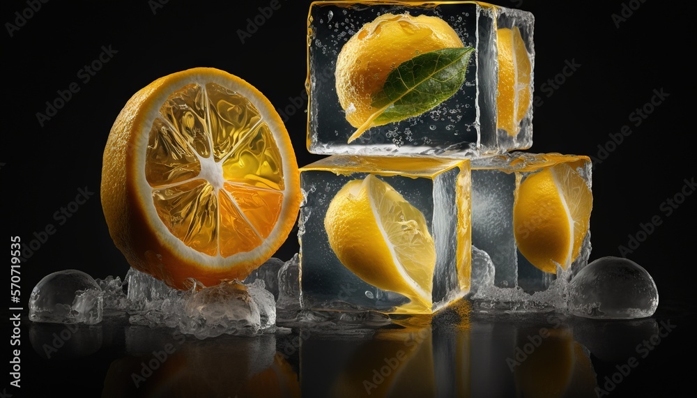  an orange sliced in half with ice cubes and a leaf on the top of it, on a black background, with a 