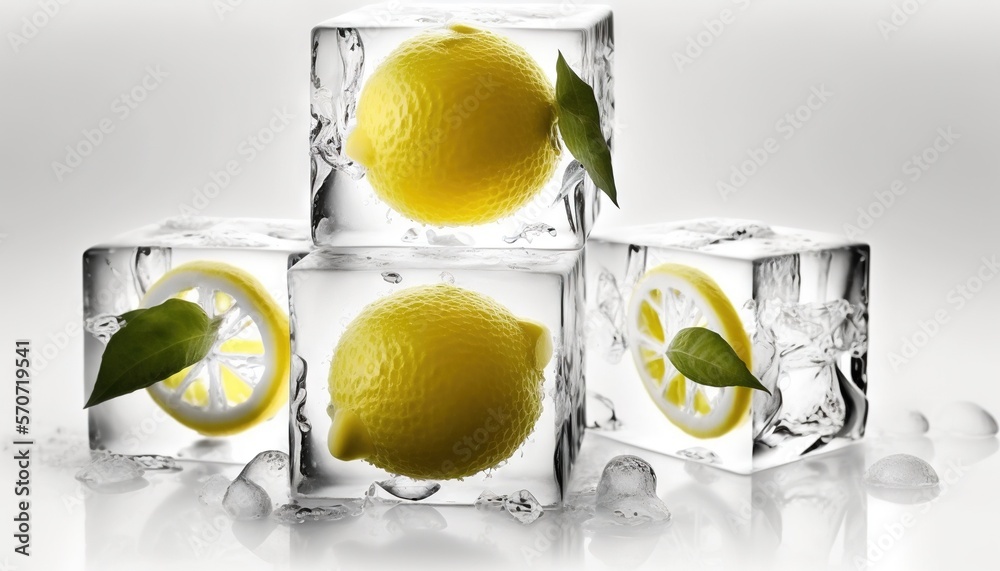  a group of lemons sitting on top of ice cubes with a green leaf on top of them and a lemon in the m