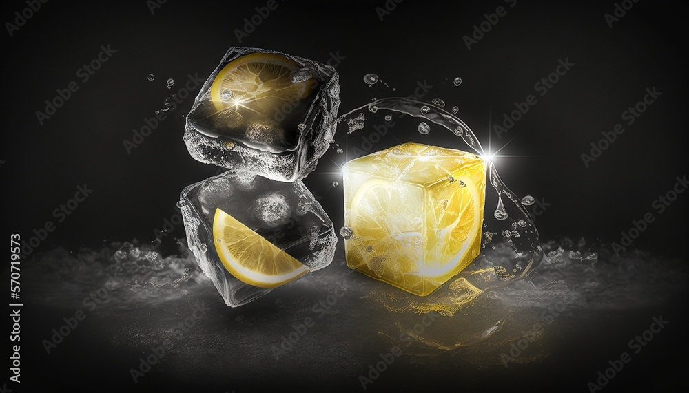  a cube of ice with a slice of lemon on top of it and water splashing around it on a black surface w