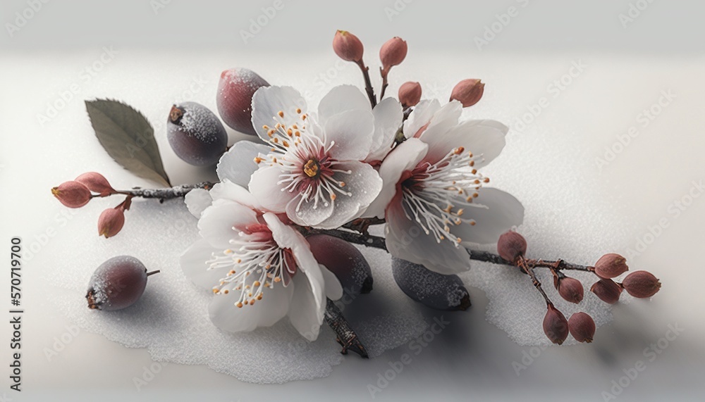  a bunch of flowers that are sitting on a white table top with snow on it and some leaves on the top