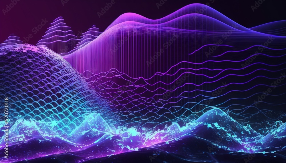  an abstract background with lines and waves in purple and blue colors on a black background with a 