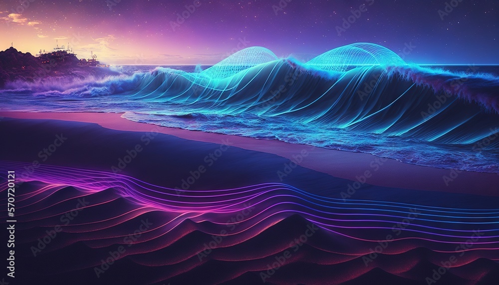  a painting of a wave in the ocean with a lighthouse in the distance and a purple sky with stars in 