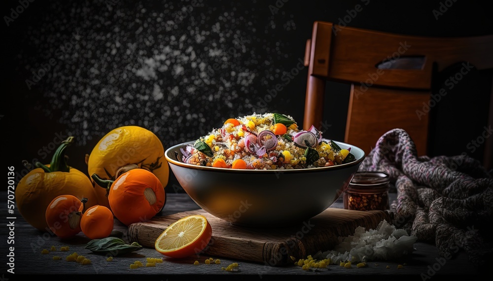  a bowl of food sitting on top of a wooden table next to oranges and a lemon slice on top of a woode