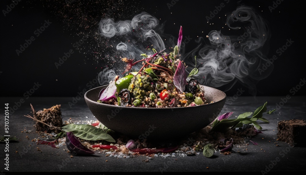  a bowl of food with smoke coming out of it on a black surface with other food items around it and s