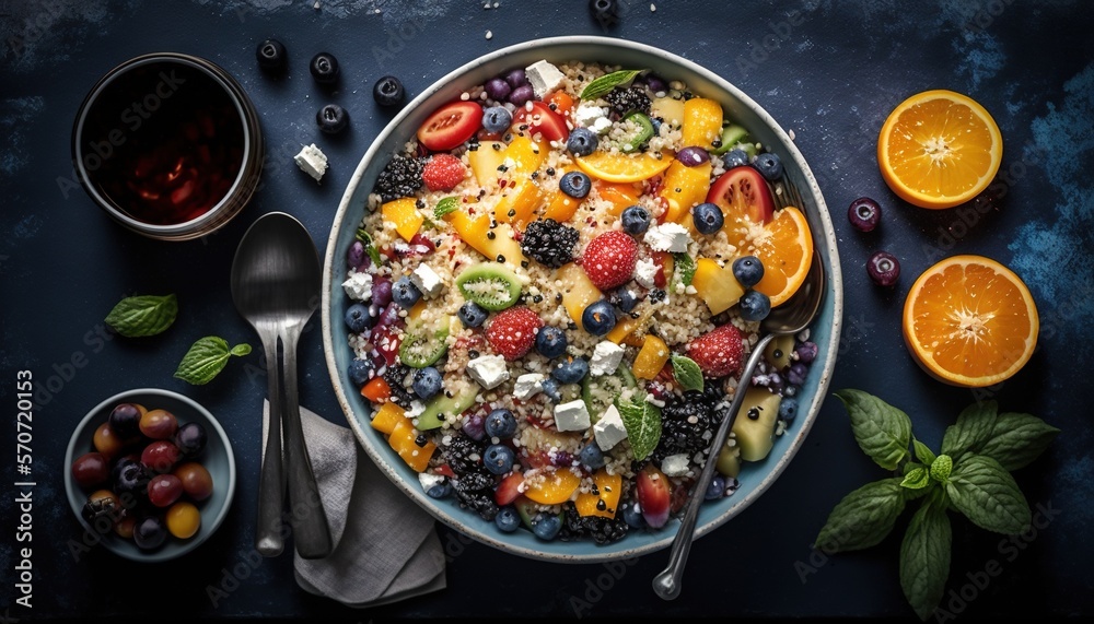  a bowl of fruit salad next to a bowl of oranges and blueberries and a bowl of blueberries and a bow