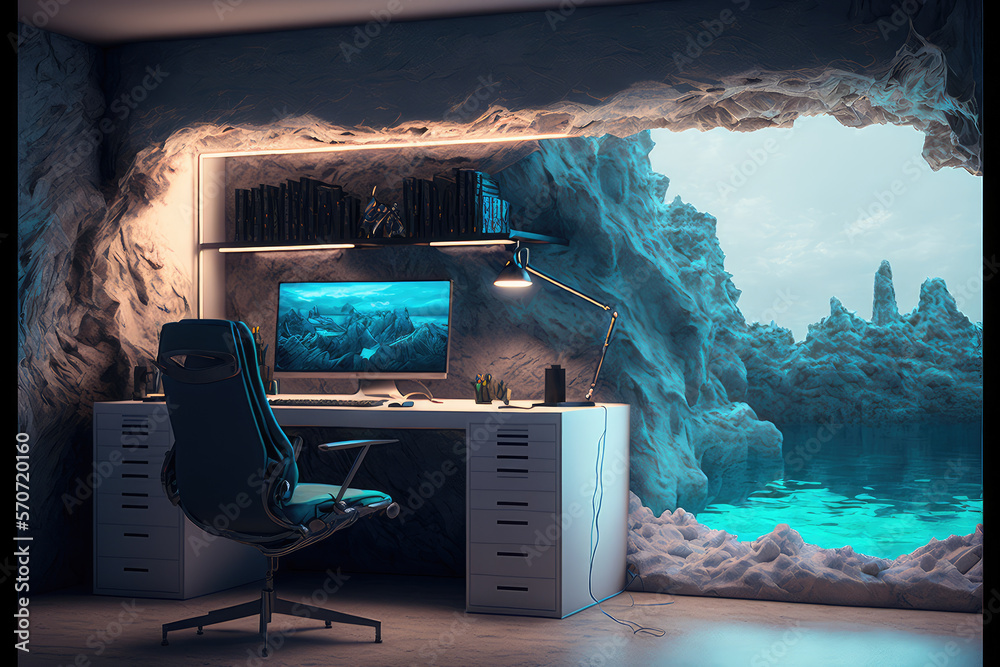 Imaginary home workspace in rocky cave with a large window overlooking ocean ridge landscape . Dream