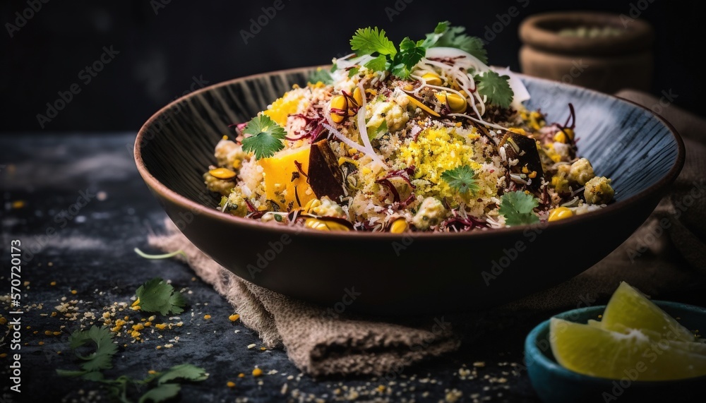  a bowl filled with a mixture of food and garnished with cilantro and cilantro leaves on top of a ta