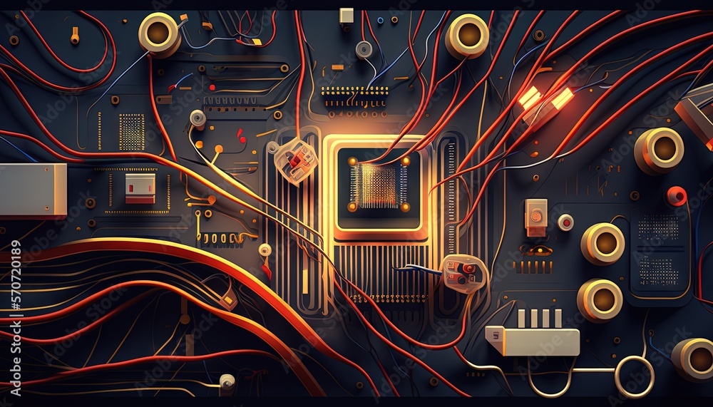  a computer board with many wires and other electronic components on its surface, including a proce