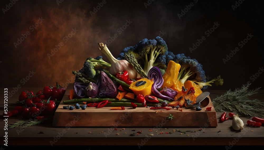  a wooden cutting board topped with lots of different types of veggies on top of a wooden table next