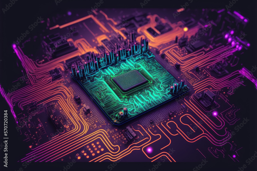 Computer microchip semiconductor on motherboard futuristic cyber neon lighting. Peculiar AI generati