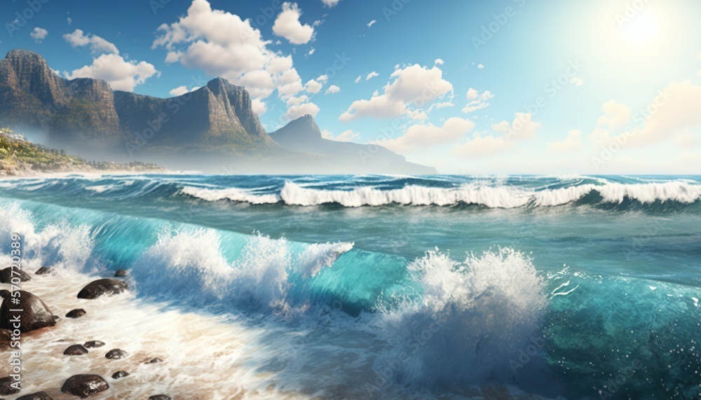  a painting of a beach with waves crashing on the shore and mountains in the distance with a blue sk