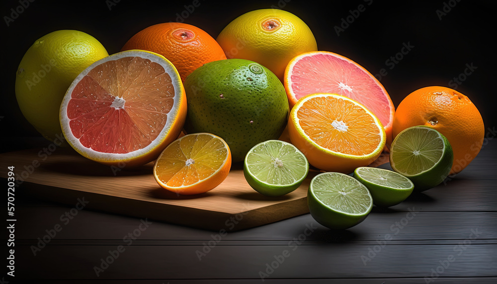  a group of citrus fruits cut in half on a cutting board with one cut in half and the other cut in h