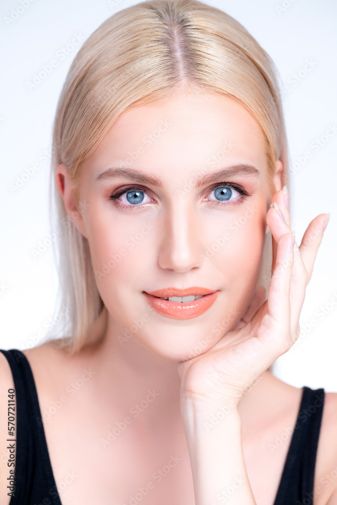 Closeup personable beautiful woman portrait with perfect smooth clean skin and natural makeup portra