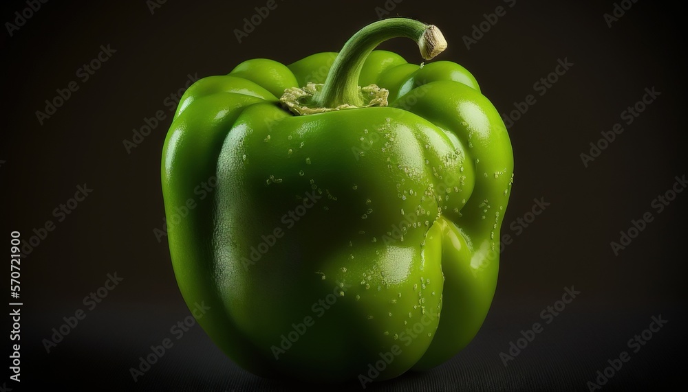  a close up of a green pepper with drops of water on the peppers head and the top of the pepper stil