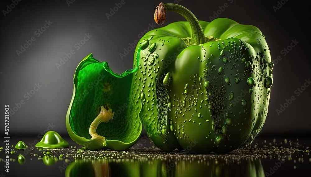  a green pepper and a green pepper with drops of water on them, on a reflective surface, with a dark