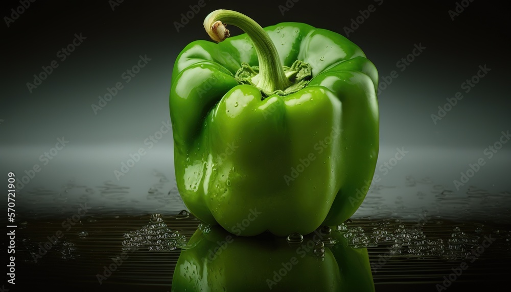  a green pepper is sitting on a reflective surface with water droplets around it and a black backgro