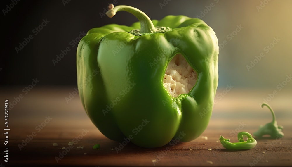  a green pepper with a bite taken out of its core on a wooden surface with a blurry background of t