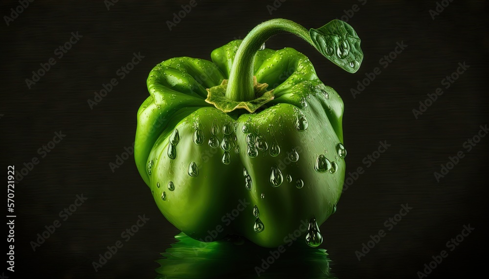  a green bell pepper with water droplets on the top of it and a green leaf sticking out of the top o