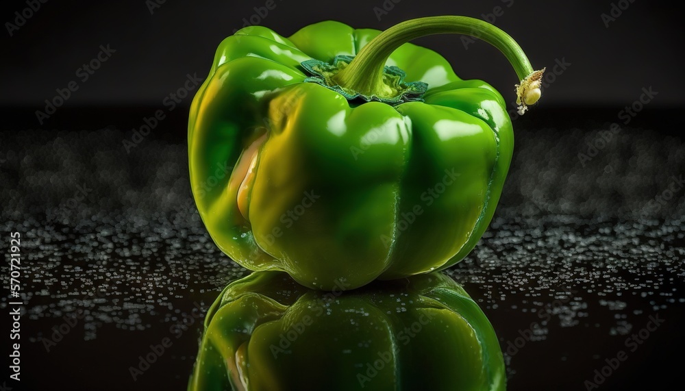  a close up of a green pepper on a black surface with water droplets around it and a reflection of t