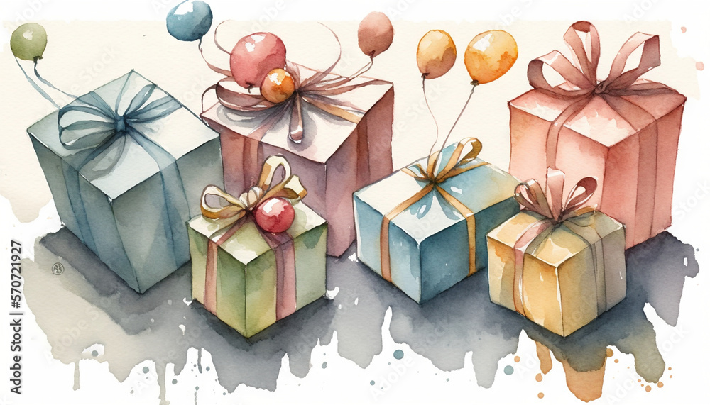  a watercolor painting of three gift boxes with balloons and a bow on the top of each one, and a bal