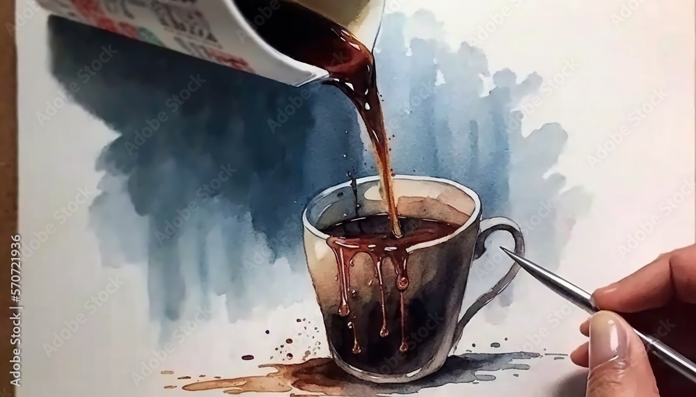  a painting of a cup of coffee being poured into a cup of coffee with a spoon and a cup of coffee in