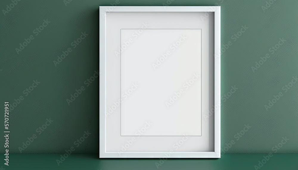  a white frame on a green wall with a white wall hanging above it and a white wall hanging above the