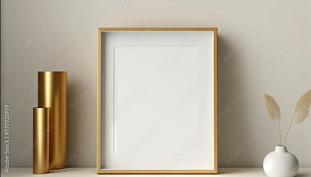  a white vase and a gold frame on a shelf next to a white vase with a gold leaf on it and a white va