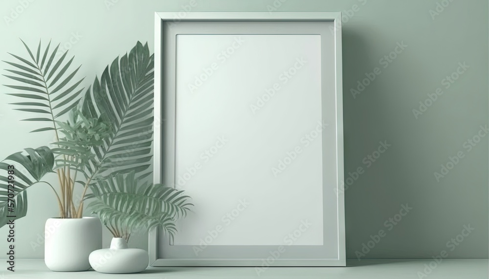  a white frame sitting next to a potted plant on a table with a white vase and a green wall in the b