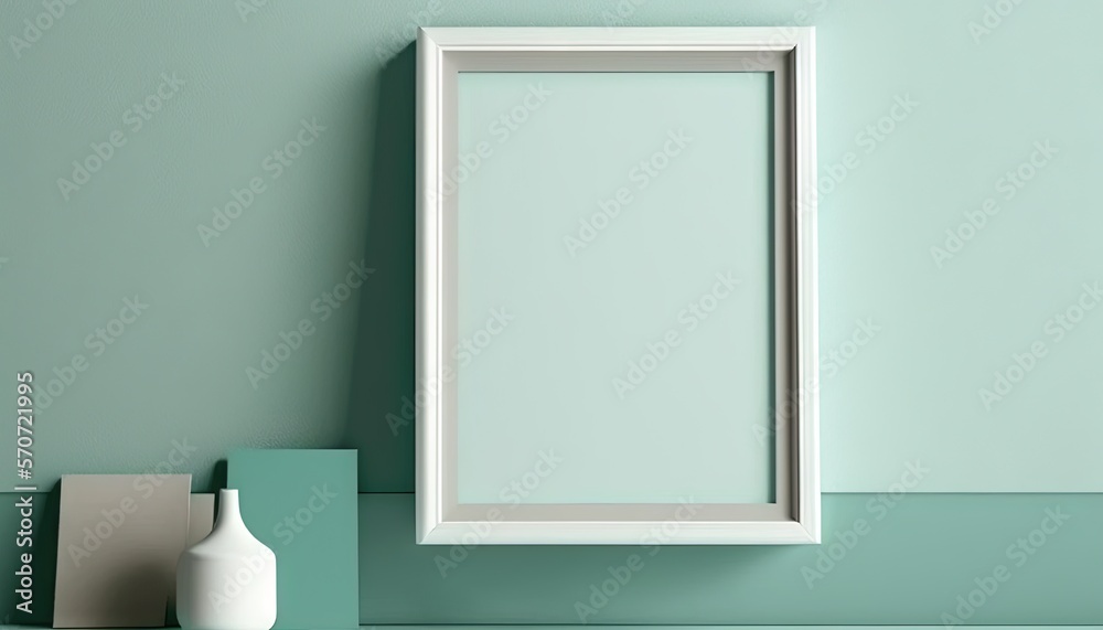  a picture frame sitting on a shelf next to a vase and a vase on a shelf in a room with a green wall