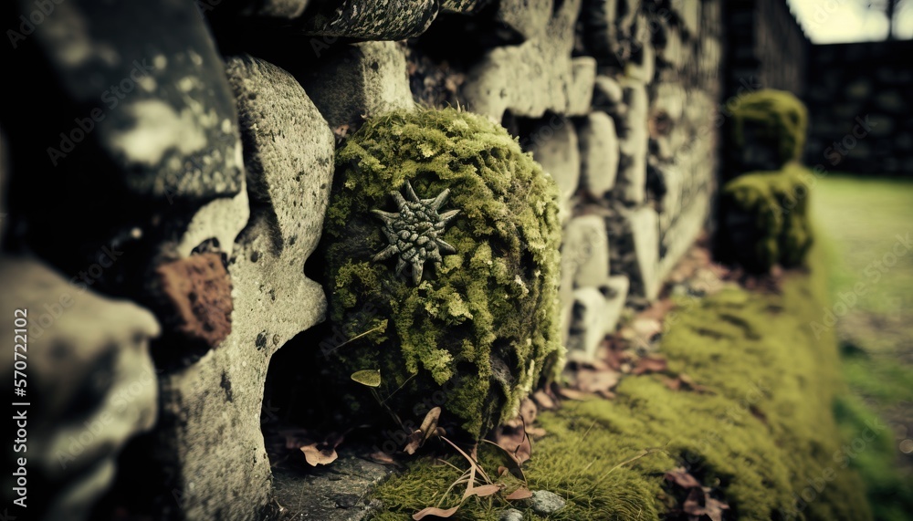  moss growing on the side of a stone wall next to a stone wall with moss growing on the side of it a