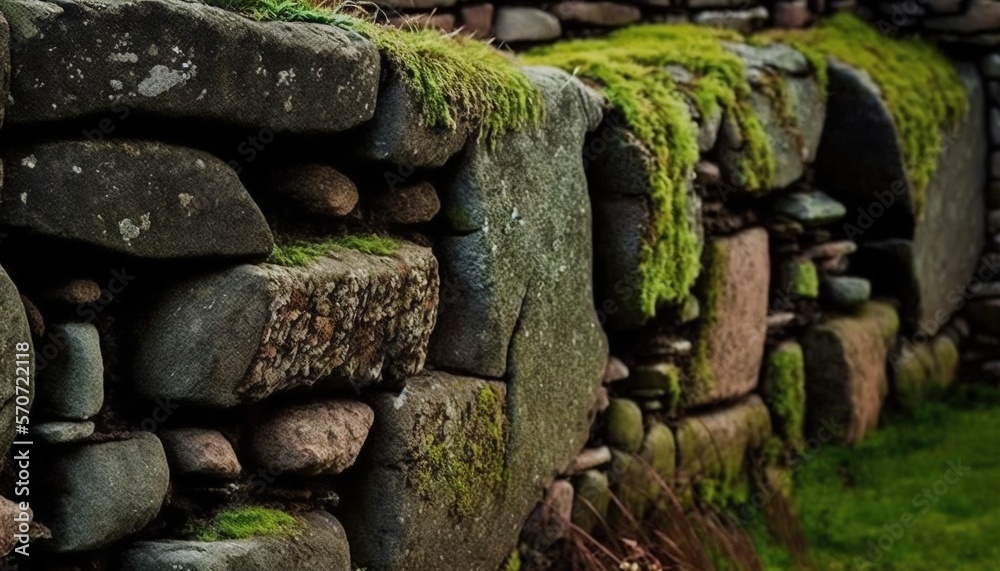  a stone wall with moss growing on it and a green grass growing on top of the rocks and grass growin