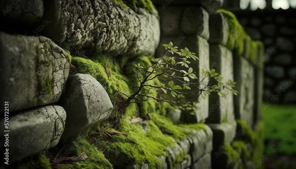  a moss covered wall with a small tree growing out of the top of it, in a park setting with a fence 