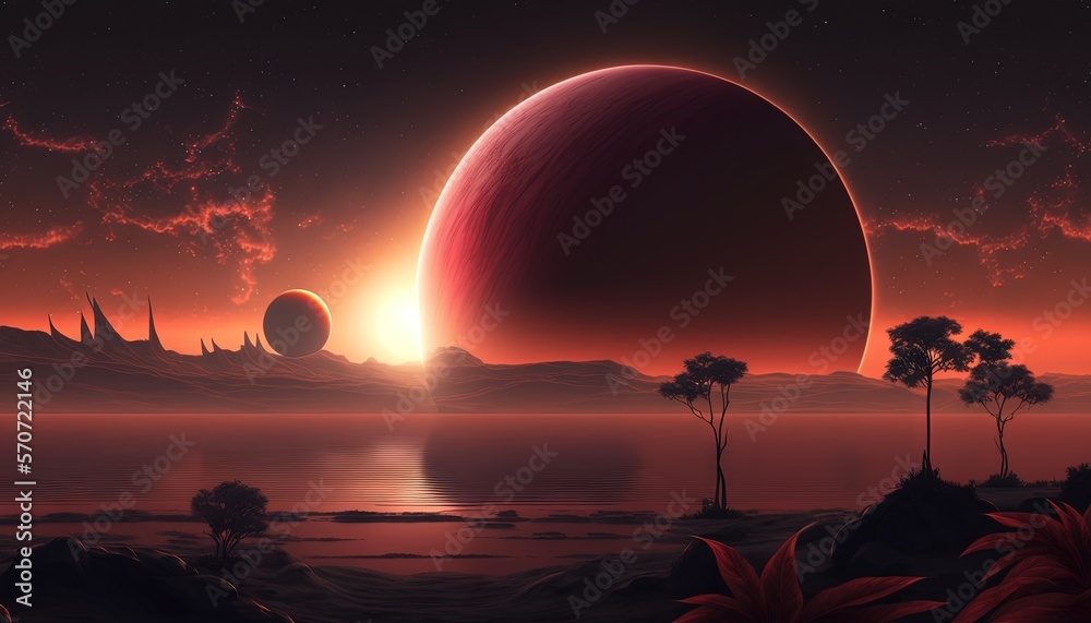  a painting of a red planet with a red sky and some trees in the foreground, and a red sun in the ba