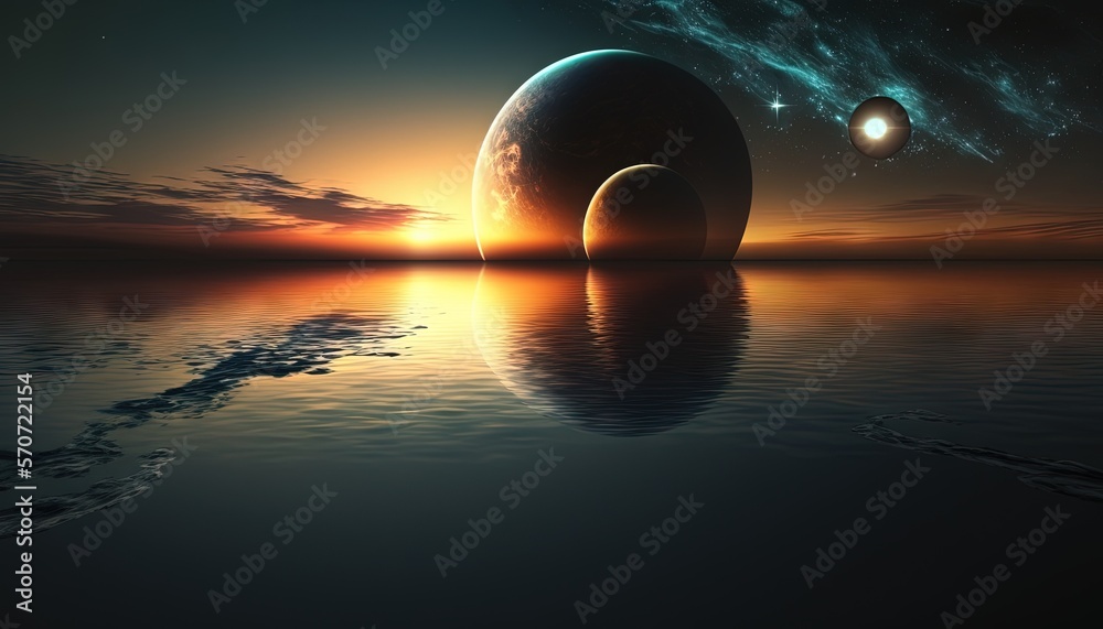  a picture of two planets in the sky with a reflection in the water and the sun in the distance with