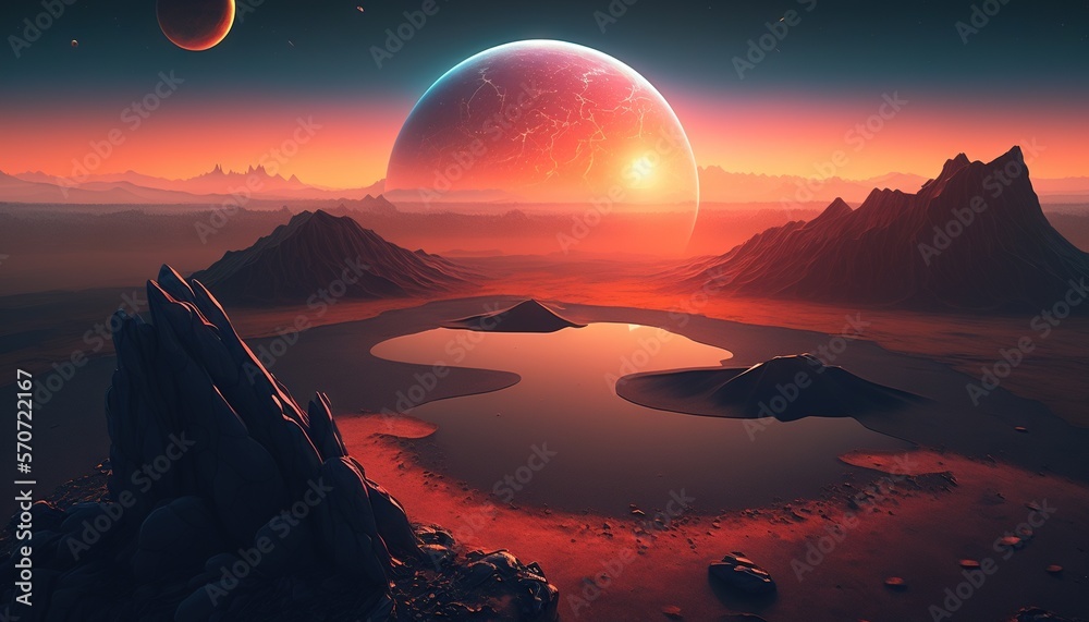  a computer generated image of a planet with a lake in the foreground and mountains in the backgroun