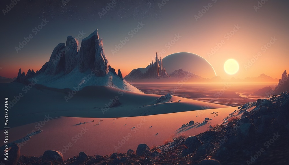  a computer generated image of a landscape with mountains and planets in the background at sunset or