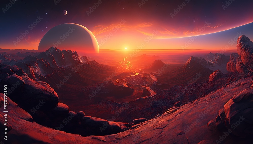  a painting of a planet with mountains and a river in the foreground, and a sunset in the background